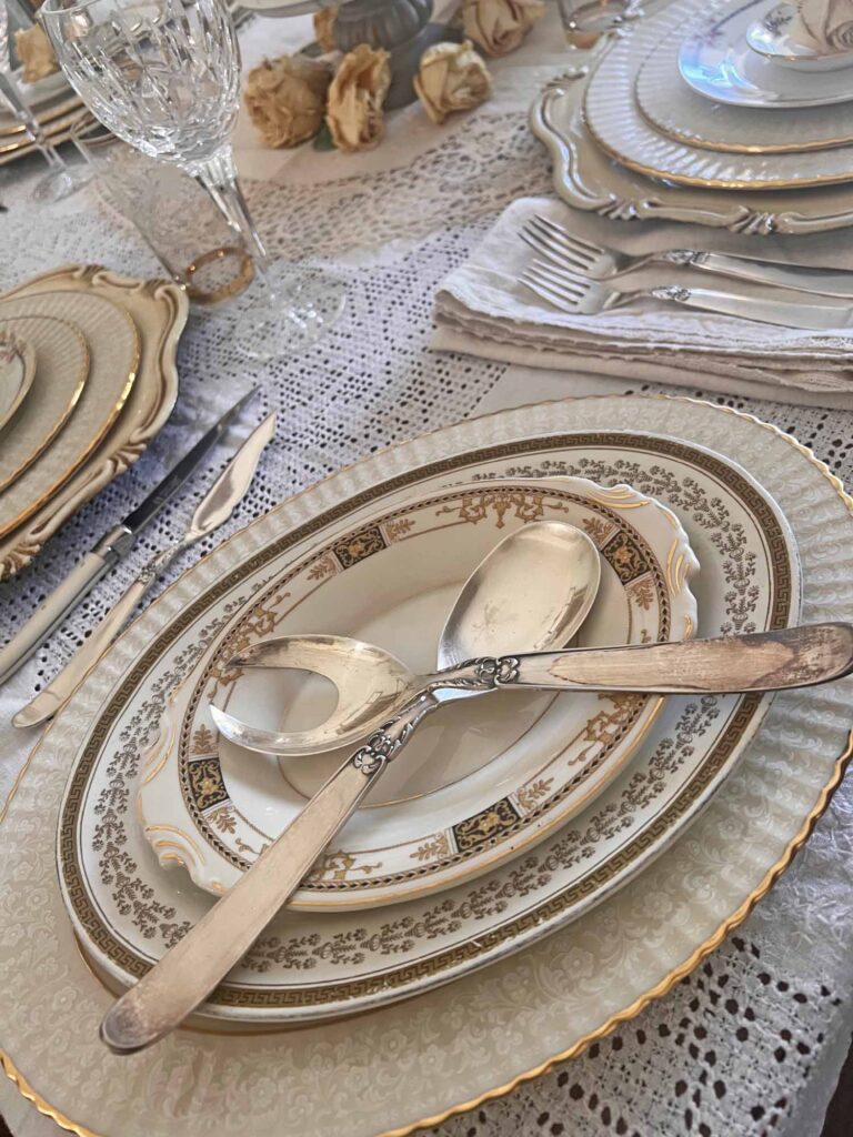 Stop & smell the roses summer tablescape serving platters on angled table