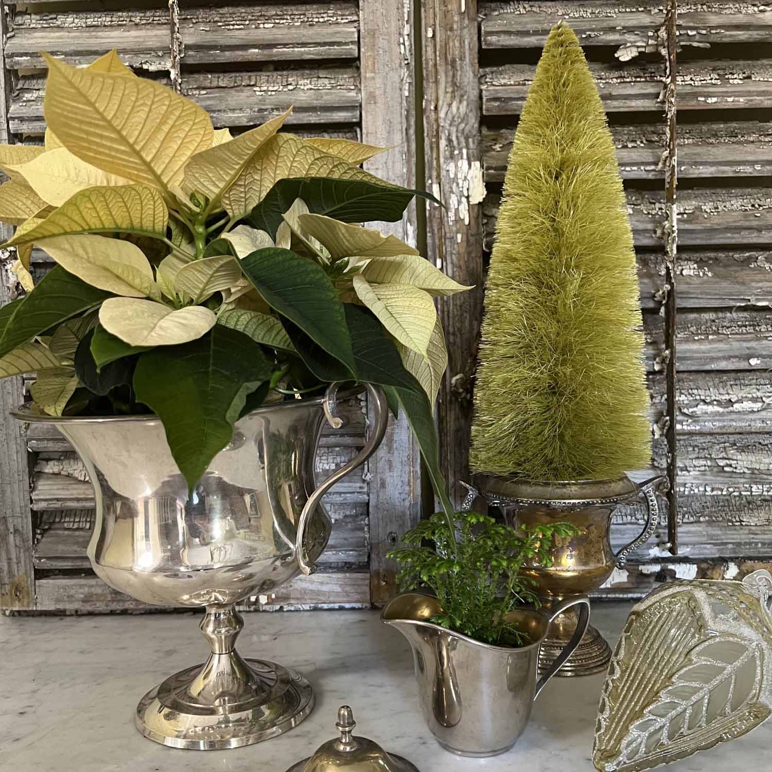 Christmas decor in thrifted silver pieces