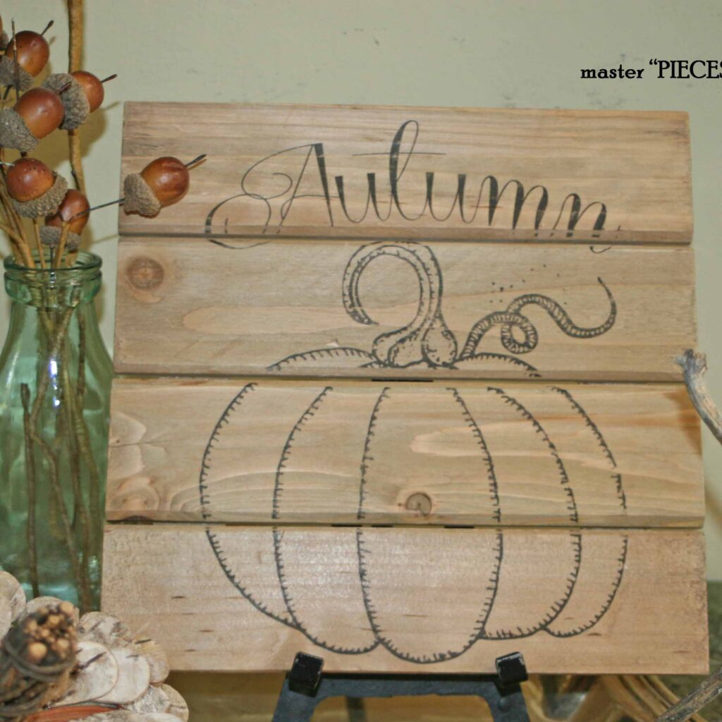 welcome Autumn vignette with pumpkin transfer sign