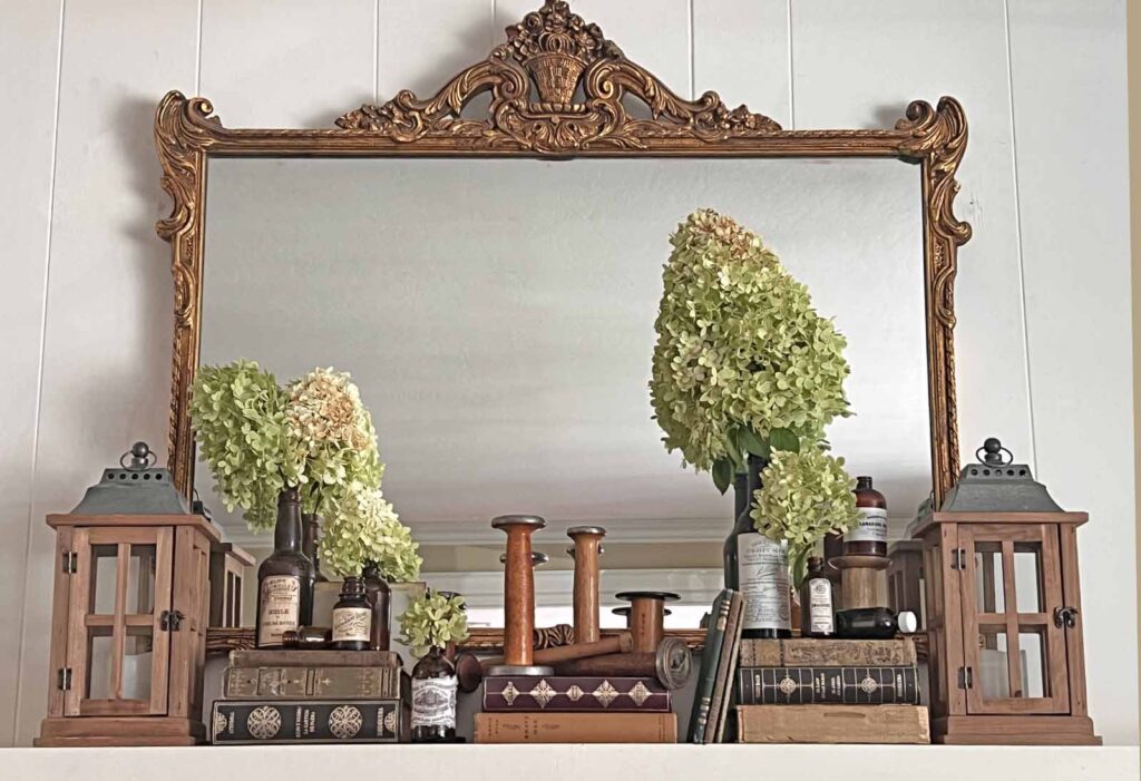 Fall Mantel Decor: Embracing the Essence of Fall Slowly- added hydrangeas