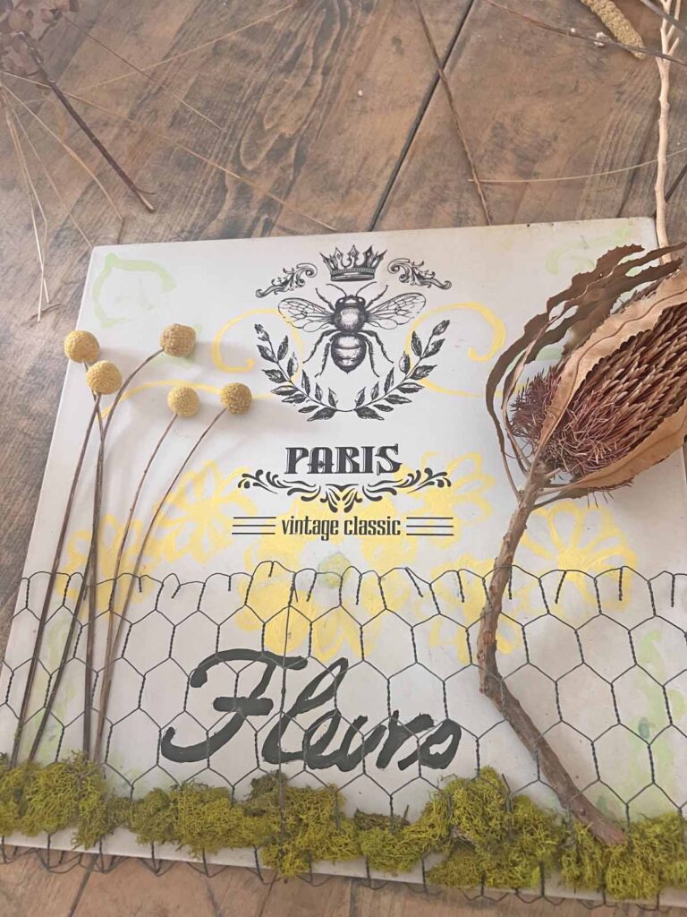 Floral garden metal sign glow-up adding dried flowers