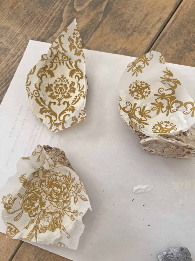 Summer craft: How to decoupage oyster shells into trend forward trinket dishes - napkins adhered before sanding