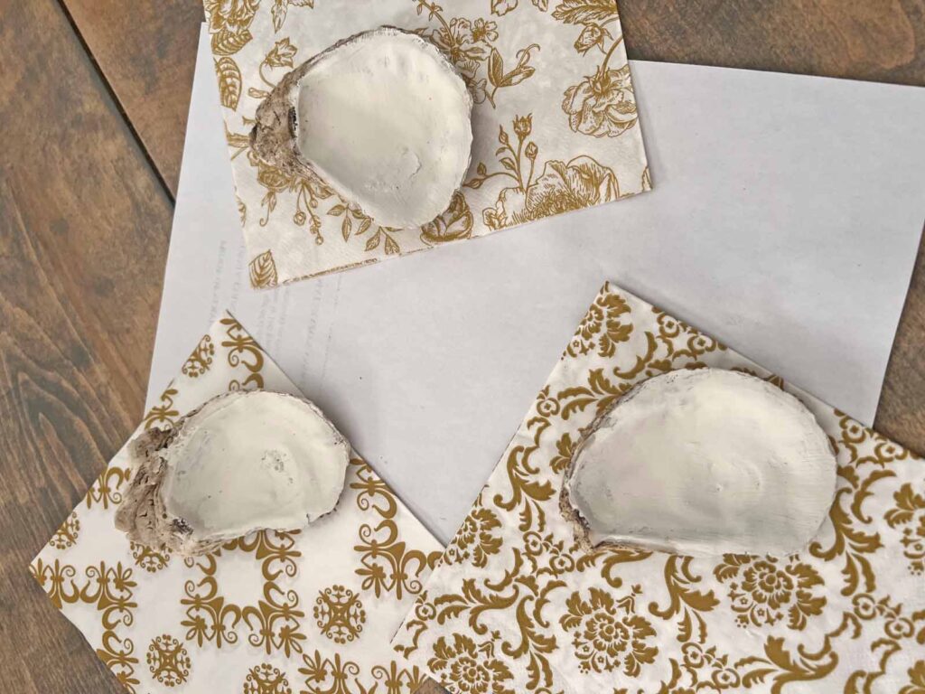 Summer craft: How to decoupage oyster shells into trend forward trinket dishes - napkin gold designs