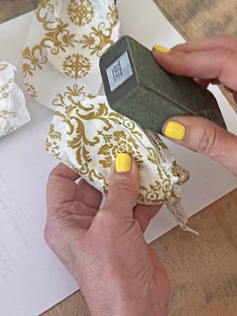 Summer craft: How to decoupage oyster shells into trend forward trinket dishes - sanding napkins edges