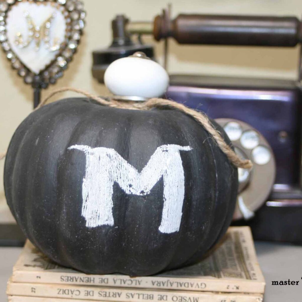 Dollar Tree foam pumpkin up-ccycle using chalkboard paint with monogram