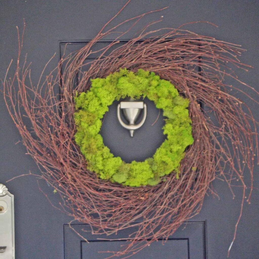 reindeer moss on grapevine form DIY wreath - Terrain dupe