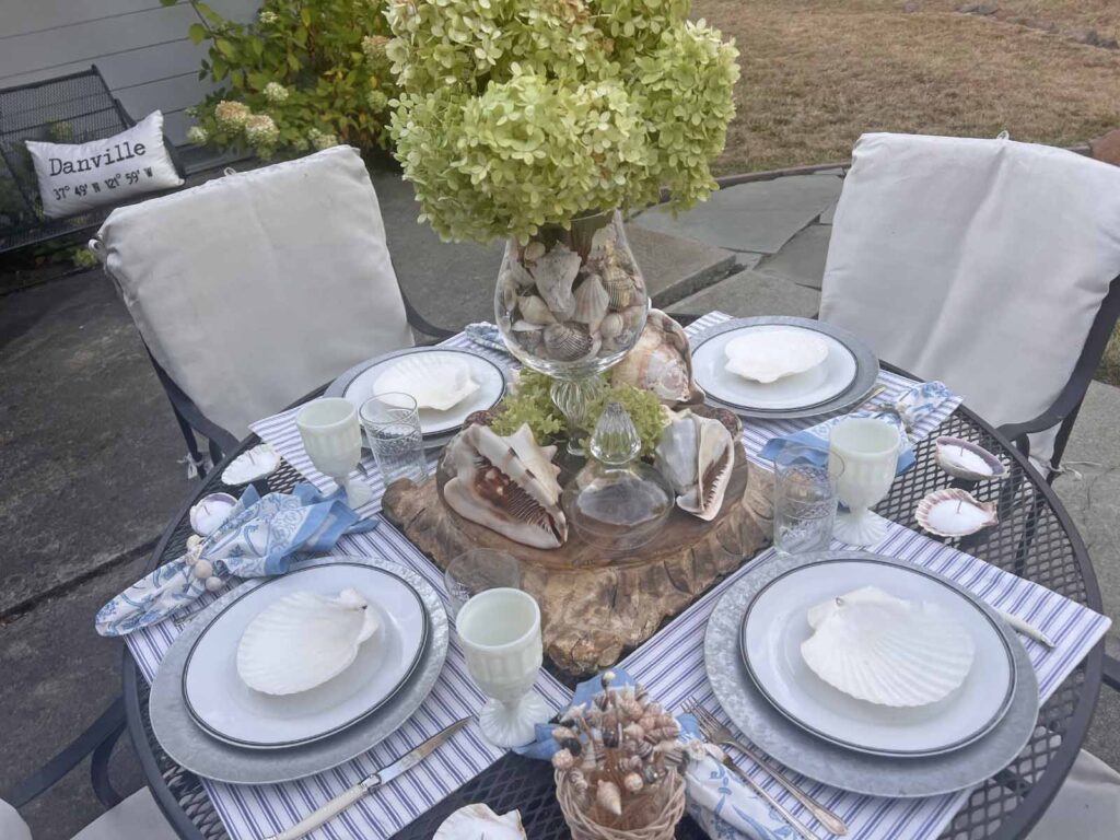 She sells seashells by the sea shore tablescape angled