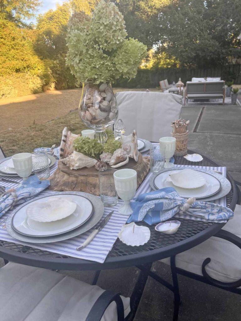 She sells seashells by the sea shore tablescape full yard towards conversation set