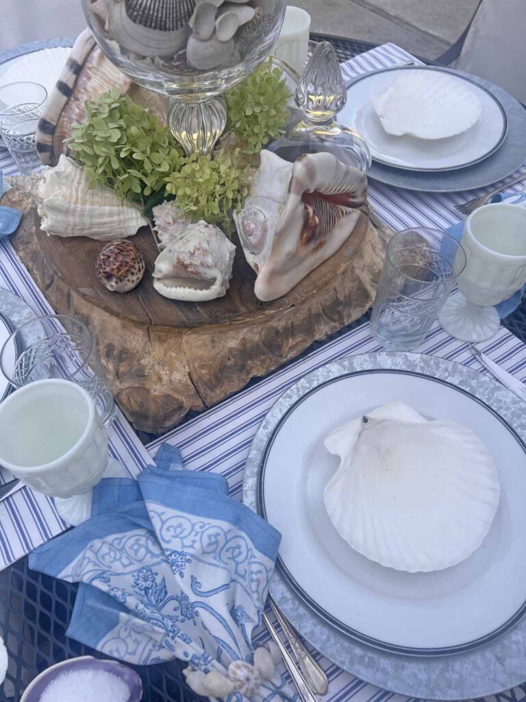 She sells seashells by the sea shore tablescape place setting aerial