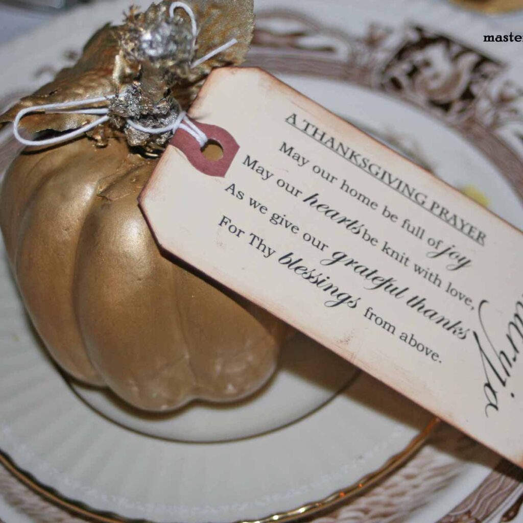 Thanksgiving tablescape with mixed metals - gold pumpkin place card holder