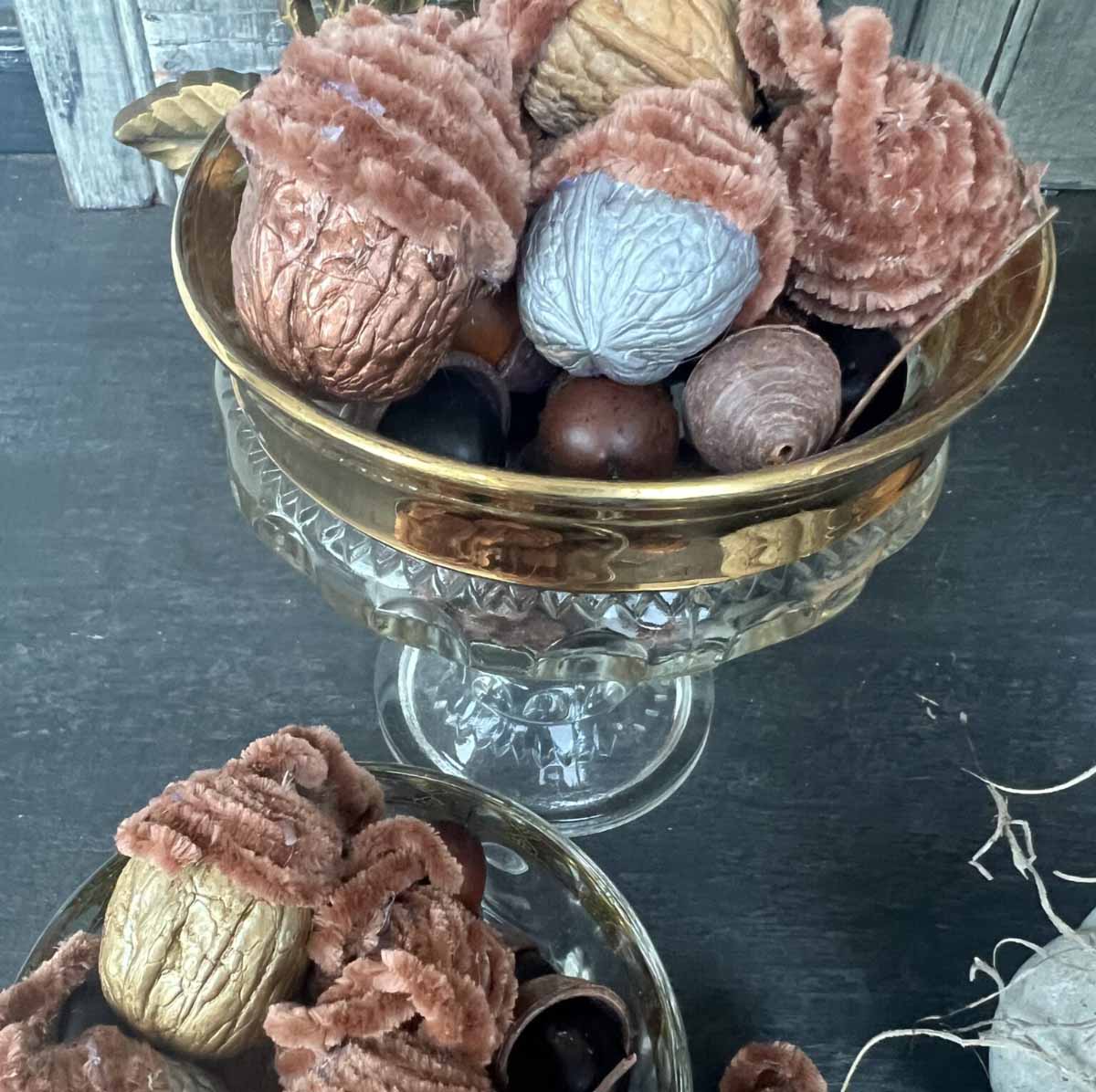 walnut acorn DIY with yarn and metallic paint