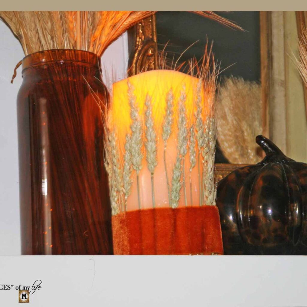 wheat candle DIY feature on mantel tortoiseshell styling