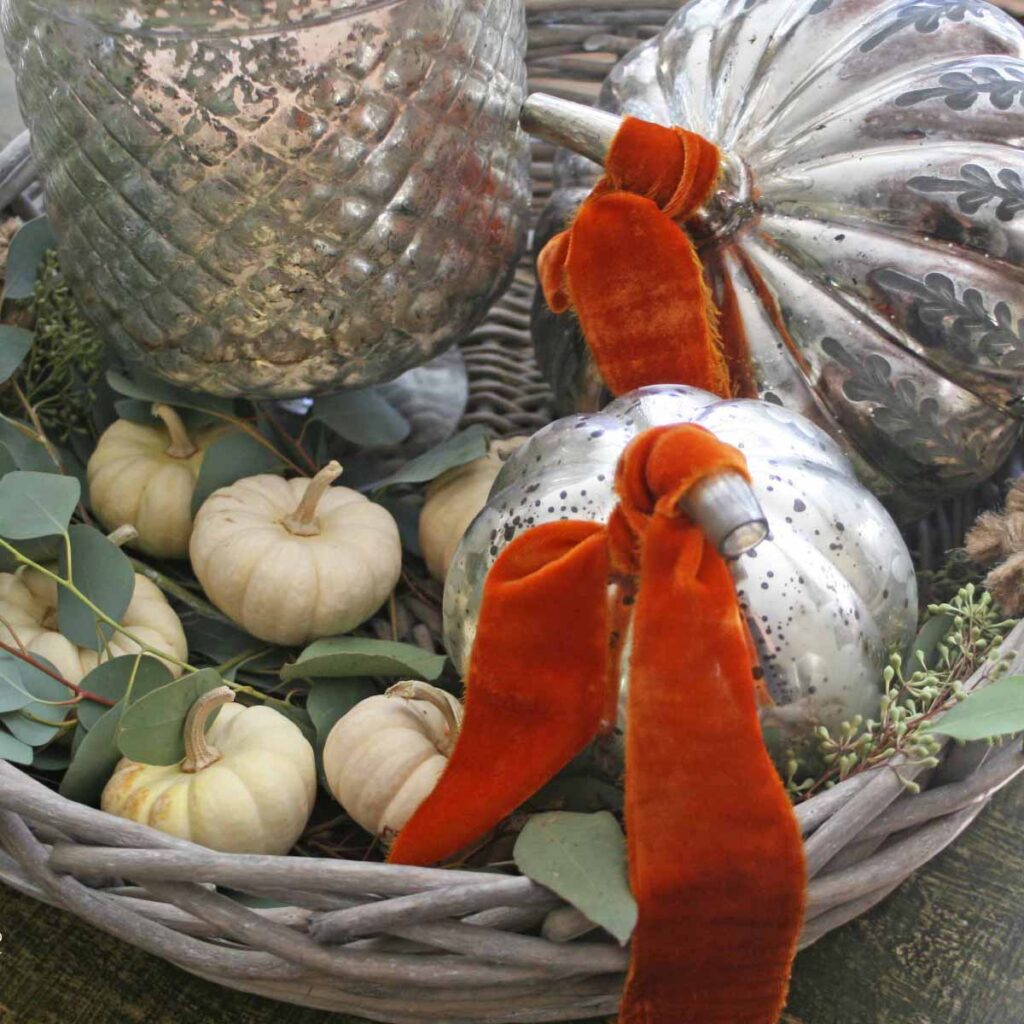 Autumn on a tray hop mercury glass pumpkins with boos minis and eucalyptus
