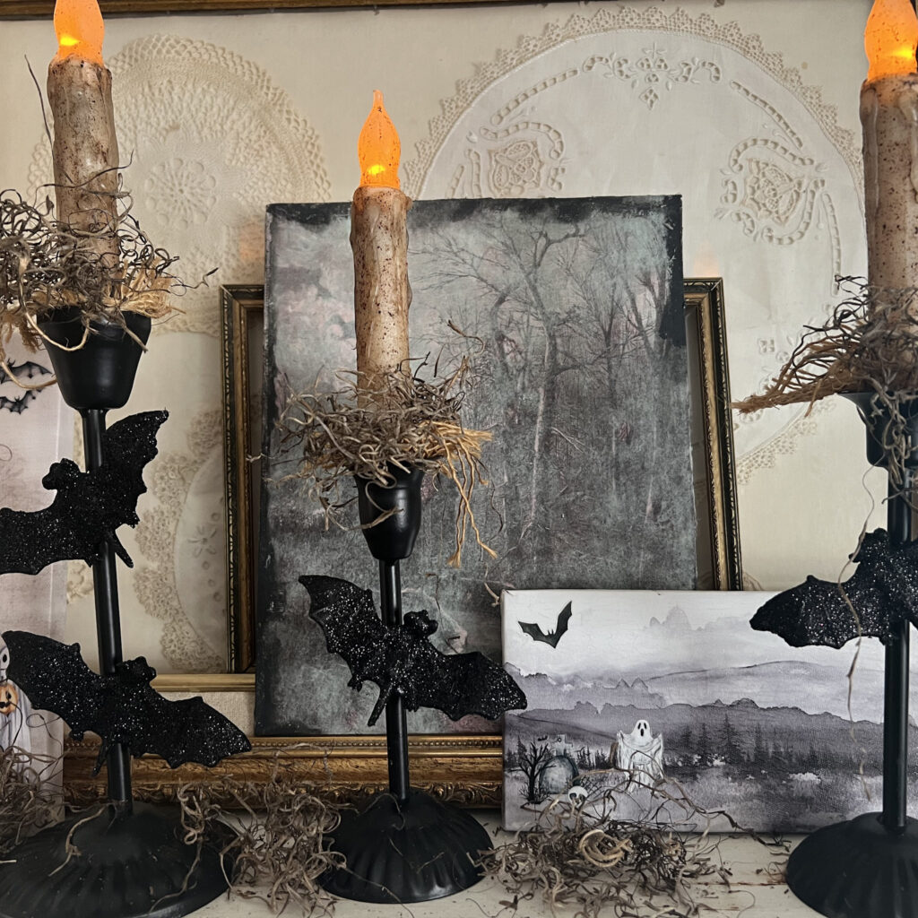 bat candeladr DIY styled on mantel