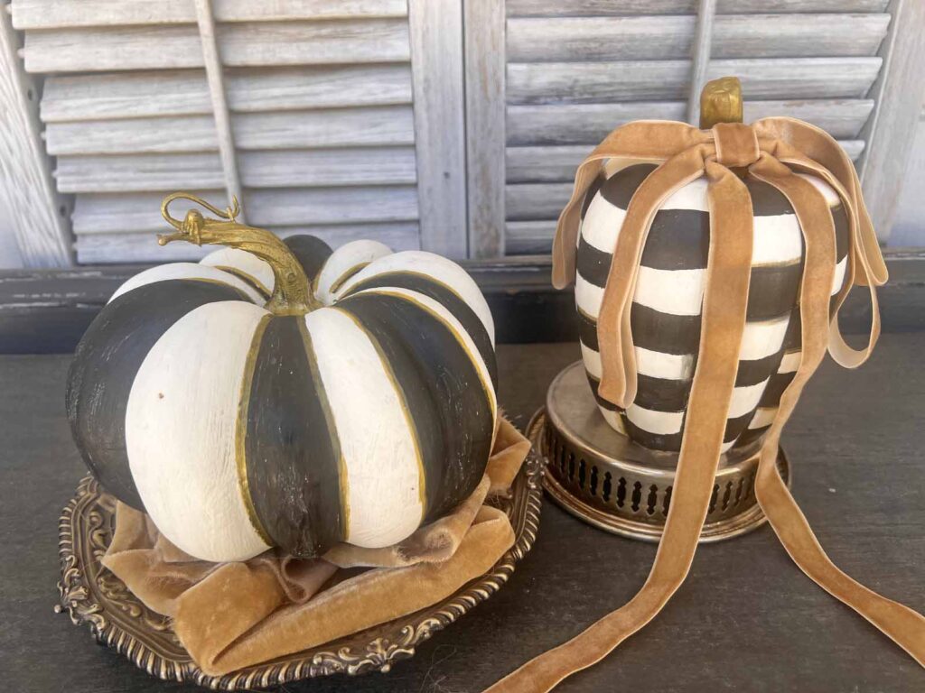 MacKenzie Childs inspired pumpkin dupe DIY styled with gold velvet ribbon