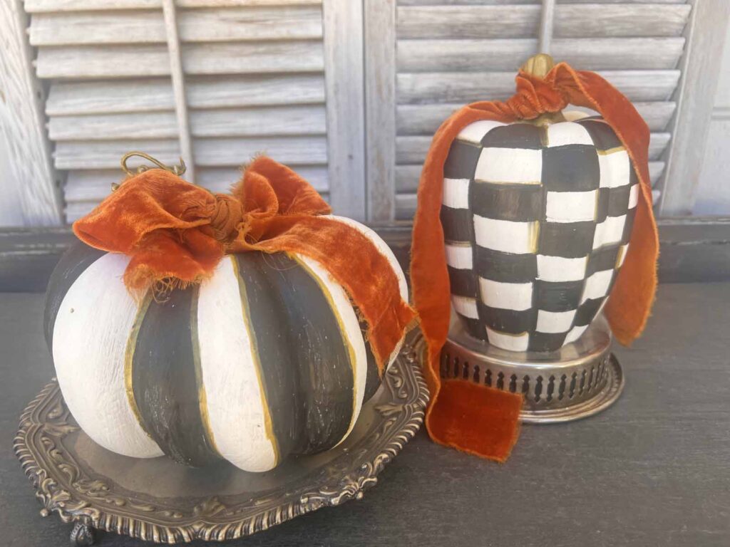 MacKenzie Childs inspired pumpkin dupe DIY styled with orange velvet ribbon