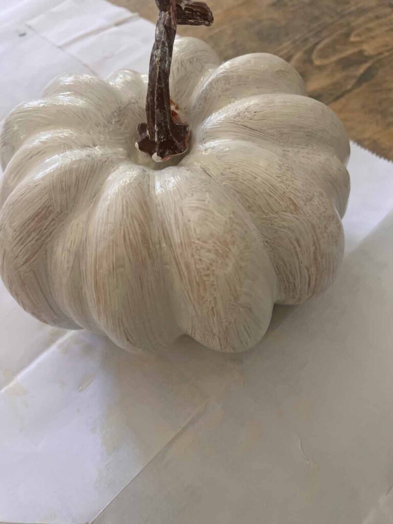 MacKenzie Childs inspired pumpkin dupe DIY striped drying first coat of white paint