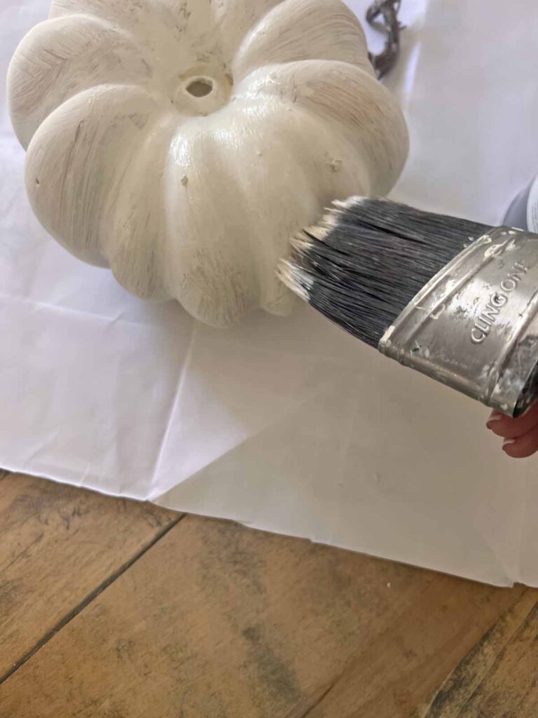MacKenzie Childs inspired pumpkin dupe DIY striped painting second coat of white paint