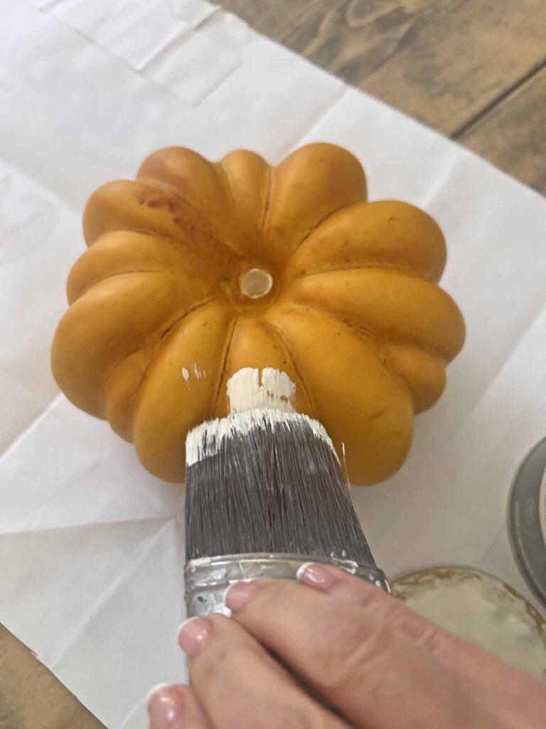 MacKenzie Childs inspired pumpkin dupe DIY striped painting first coat of white paint