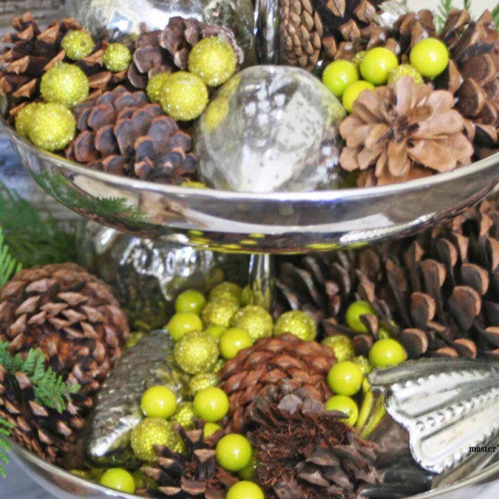 winter wonderland tray hop tired silver tray with mercury glass ornaments, pinecones & chartreuse baubles