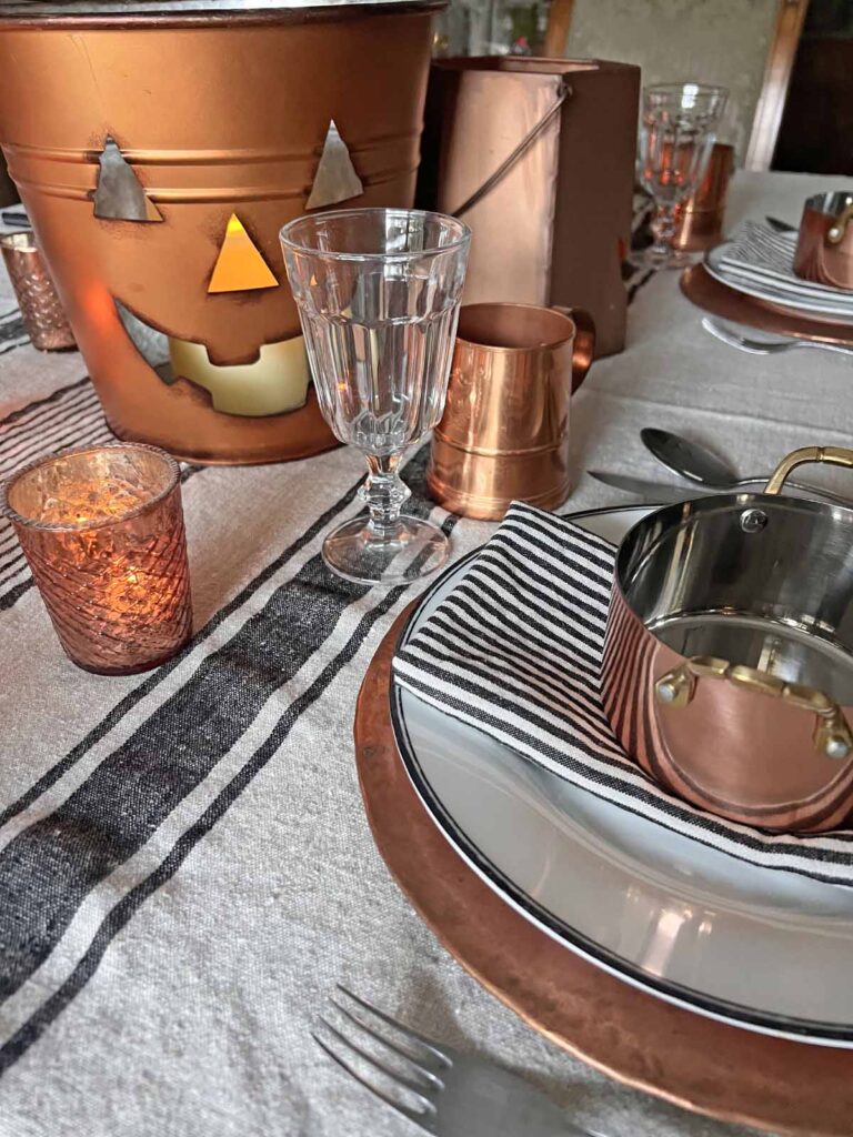Halloween copper inspired table setting large bucket jack-o-lantern