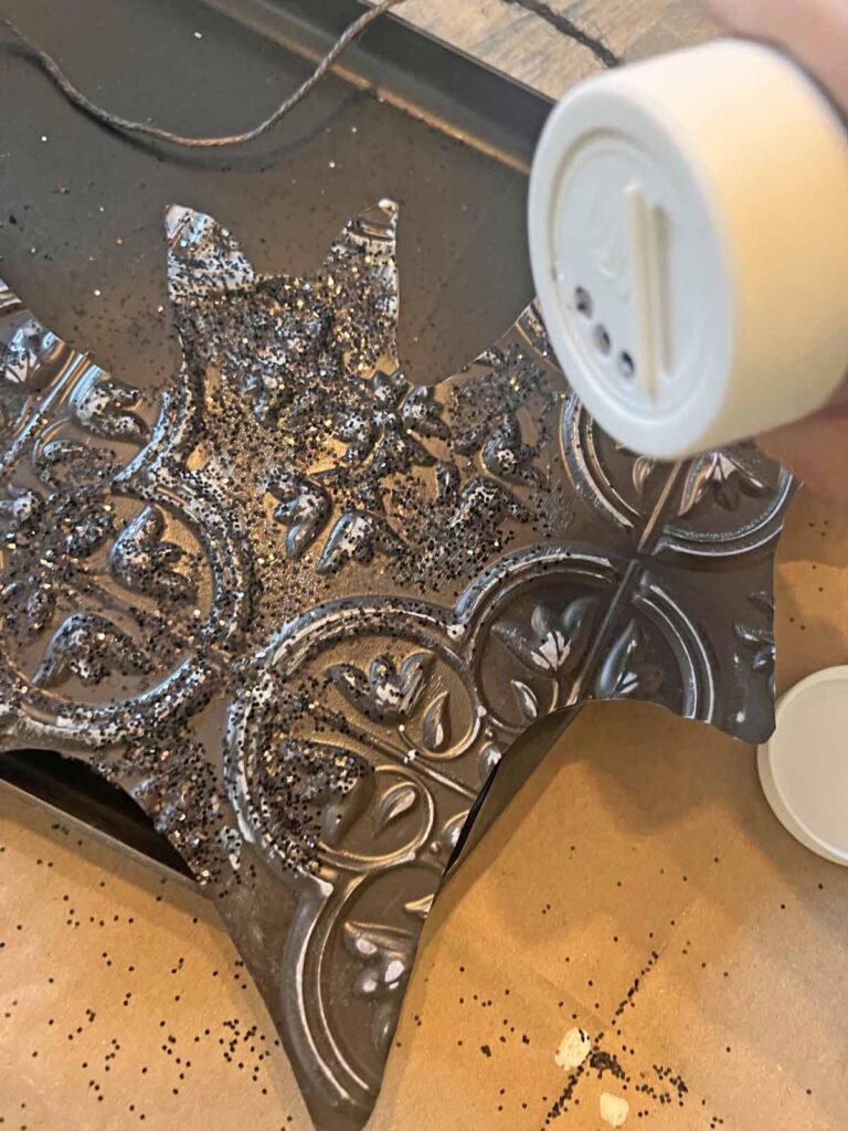Halloween Decor: Faux tin tile bat DIY sprinkling black glitter