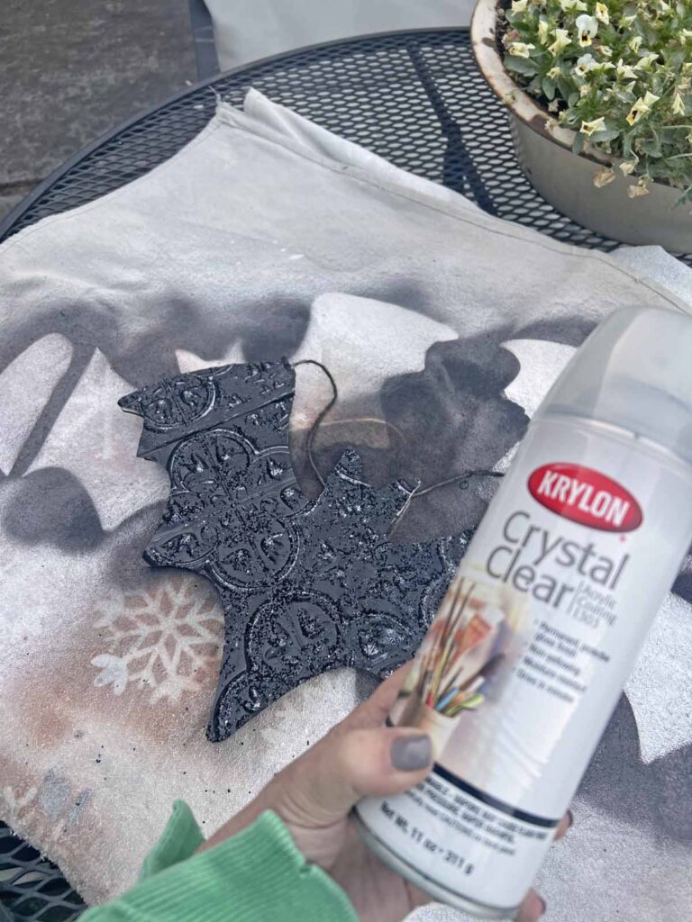 Halloween Decor: Faux tin tile bat DIY sealing coat
