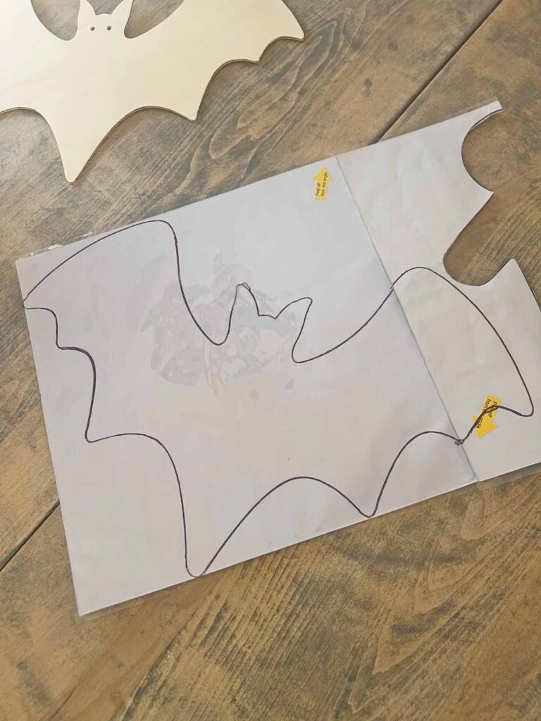 Halloween Decor: Faux tin tile bat DIY bat form drawn on back of tin tile
