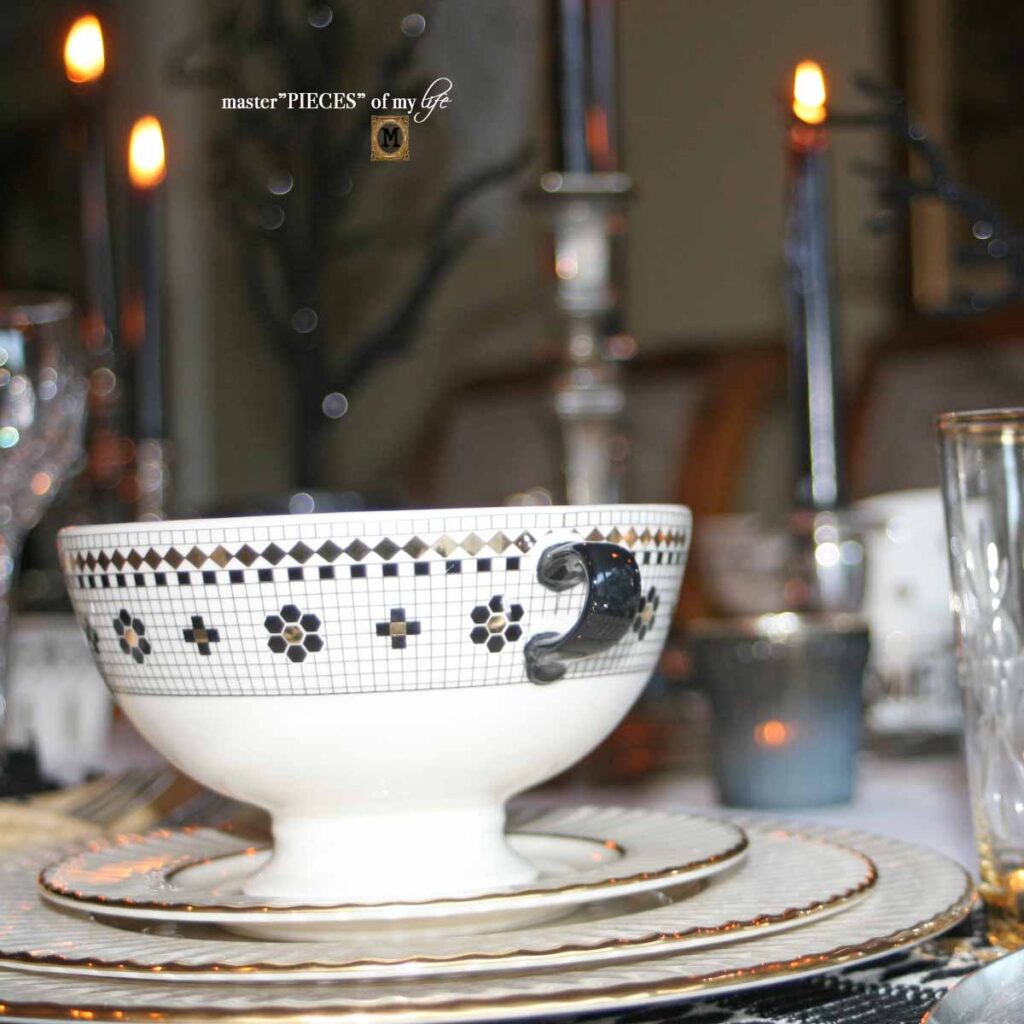 Halloween glitzy Halloween table with Anthro bistro collection & shiny black trees