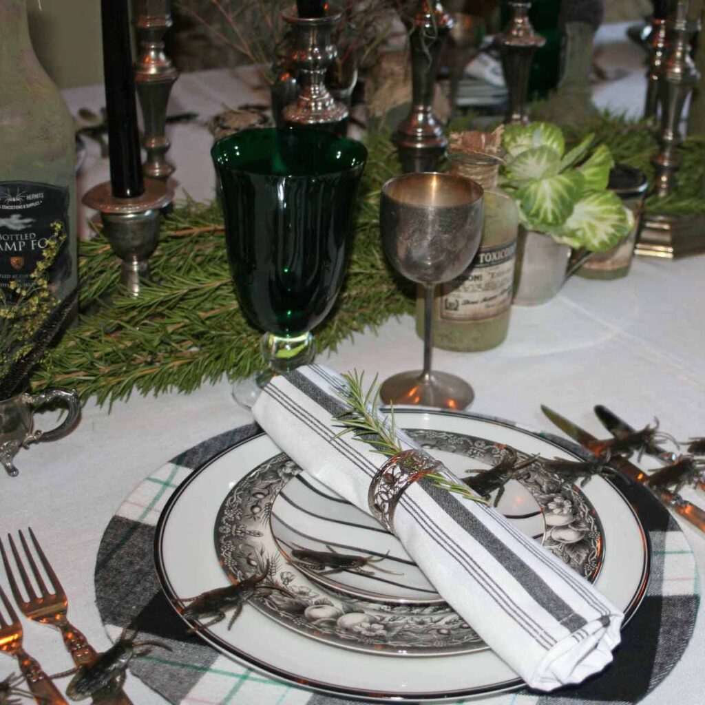Halloween black & green creepy tablescape