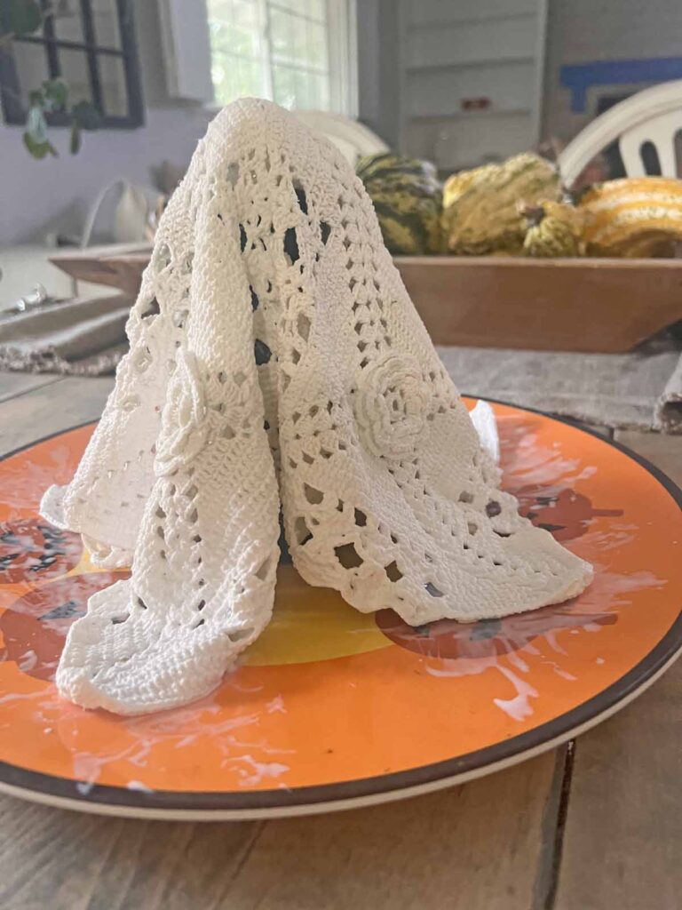 How to transform a thrifted Doily into Casper the friendly ghost for Halloween DIY drying