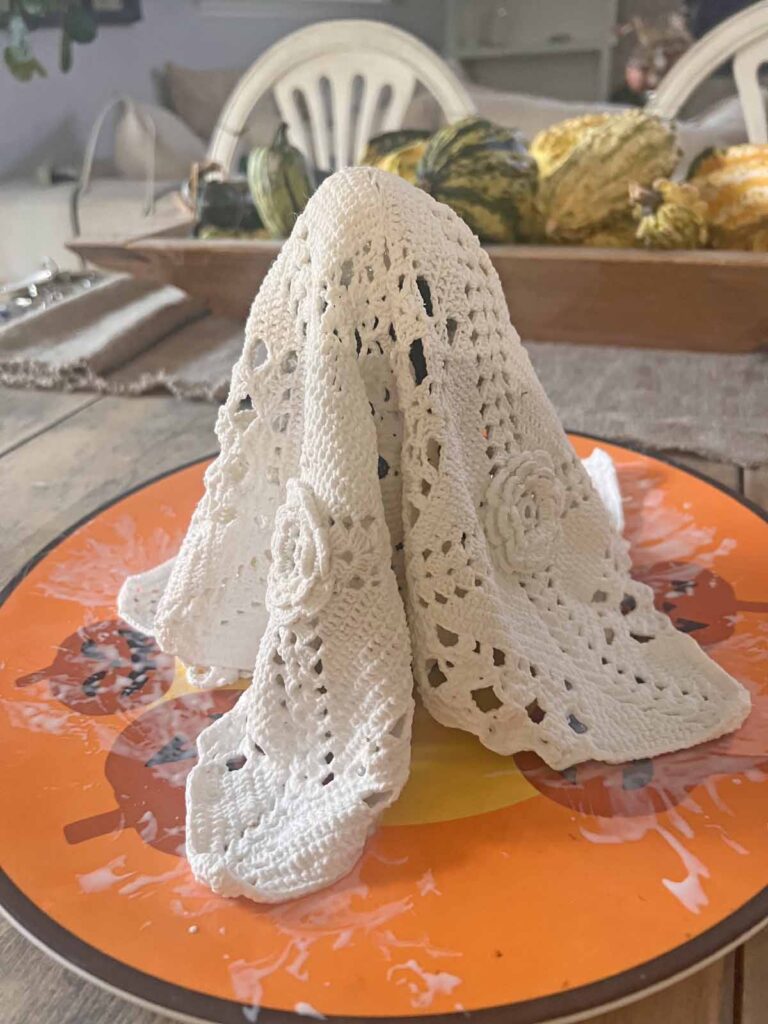How to transform a thrifted Doily into Casper the friendly ghost for Halloween DIY drying