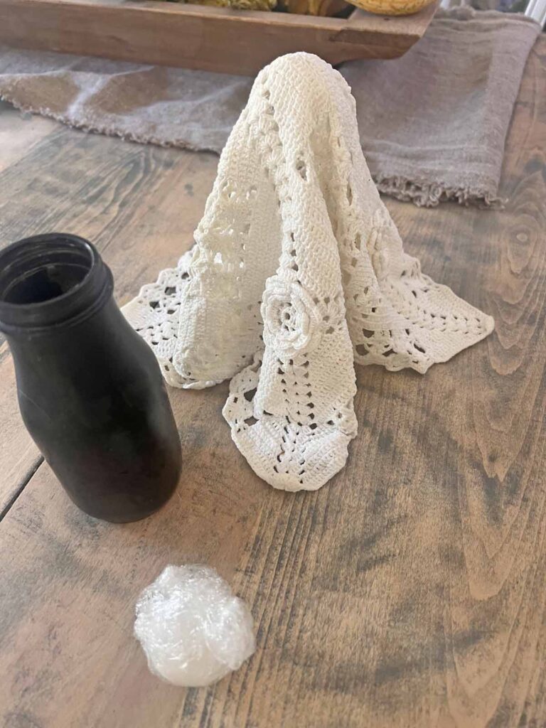 How to transform a thrifted Doily into Casper the friendly ghost for Halloween DIY unmolded free standing